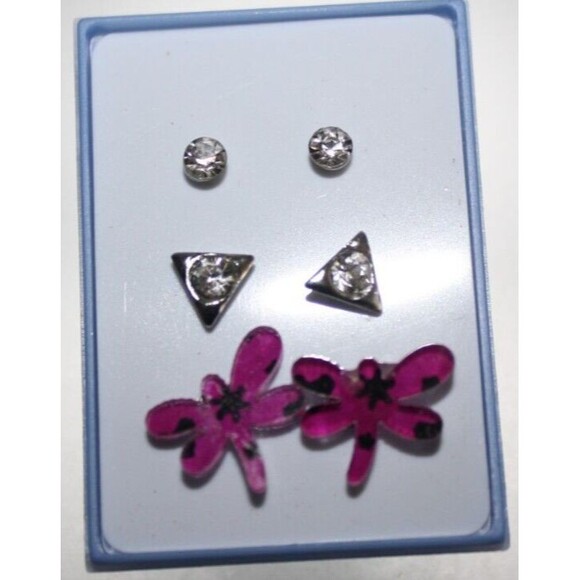 Girl's Set Of Three Earrings Studs Triangles Dragonfly Fashion Jewelry New - Picture 1 of 3